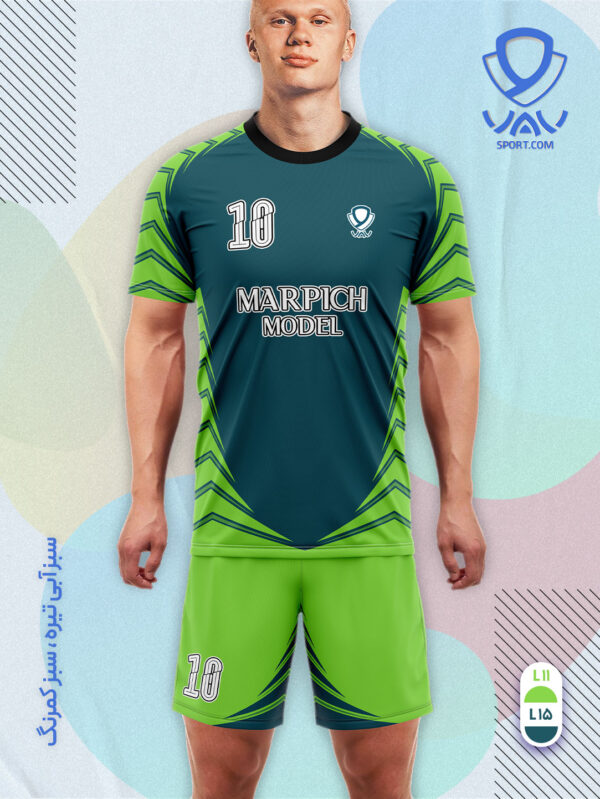 پیراهن و شورت ورزشی مدل مارپیچ آستین کوتاه رنگ سبزآبی تیره سبزکمرنگ | تولید لباس ورزشی اختصاصی واو اسپرت