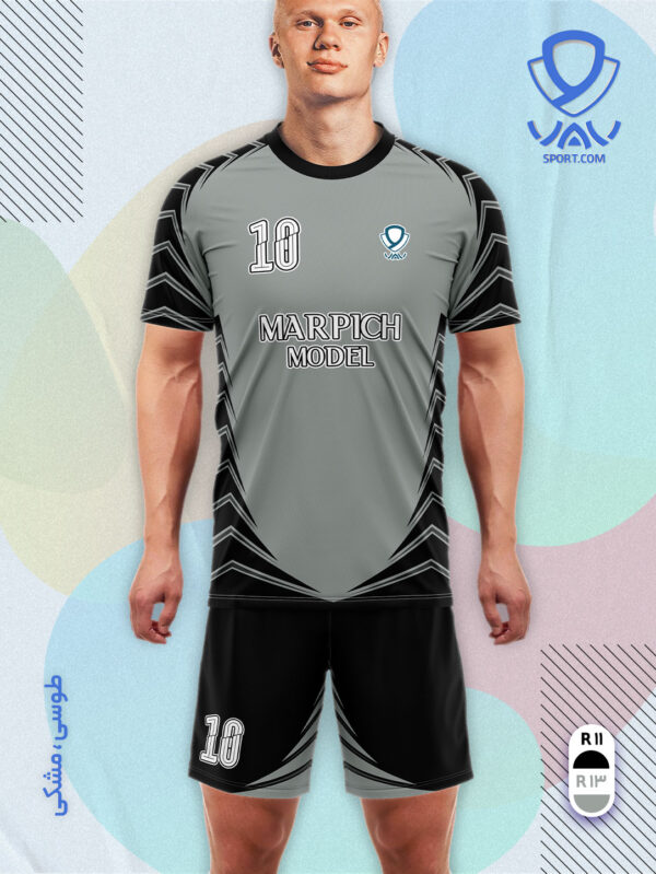 پیراهن و شورت ورزشی مدل مارپیچ آستین کوتاه رنگ طوسی مشکی | تولید لباس ورزشی اختصاصی واو اسپرت