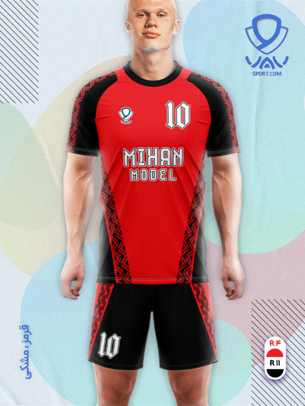 پیراهن و شورت ورزشی مدل میهن آستین کوتاه رنگ قرمز مشکی | تولید لباس ورزشی اختصاصی واو اسپرت