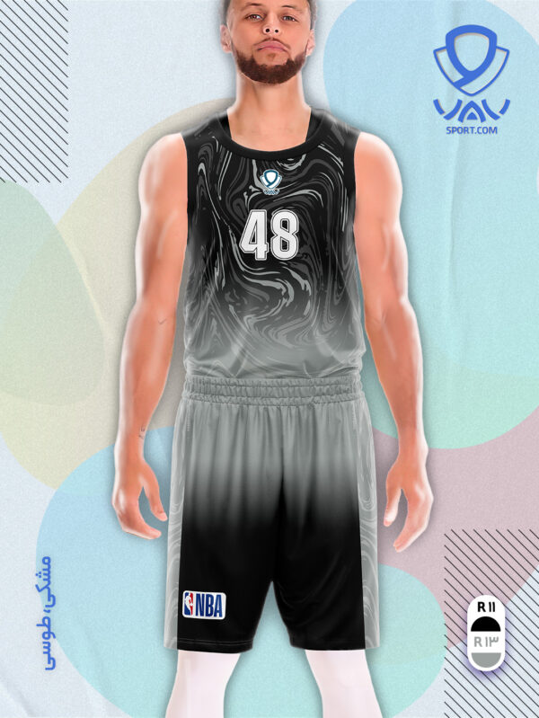 پیراهن و شورت ورزشی مدل ابروباد بسکتبالی رنگ مشکی طوسی | تولید لباس ورزشی اختصاصی واو اسپرت