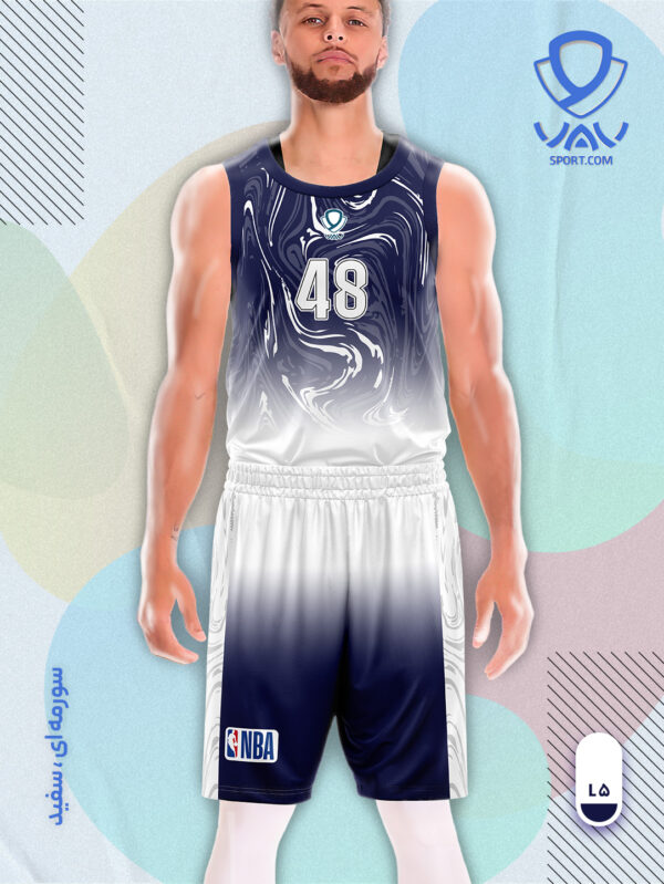 پیراهن و شورت ورزشی مدل ابروباد بسکتبالی رنگ سورمه ای سفید | تولید لباس ورزشی اختصاصی واو اسپرت