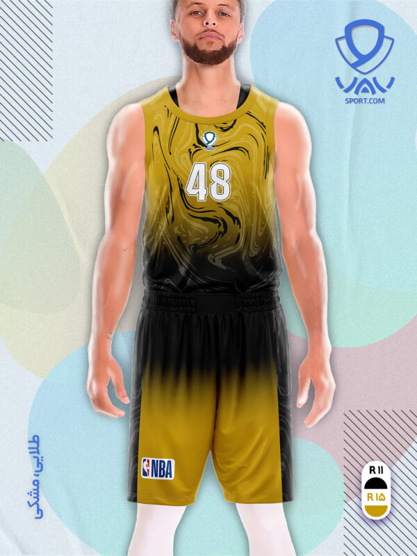 پیراهن و شورت ورزشی مدل ابروباد بسکتبالی رنگ طلایی مشکی | تولید لباس ورزشی اختصاصی واو اسپرت