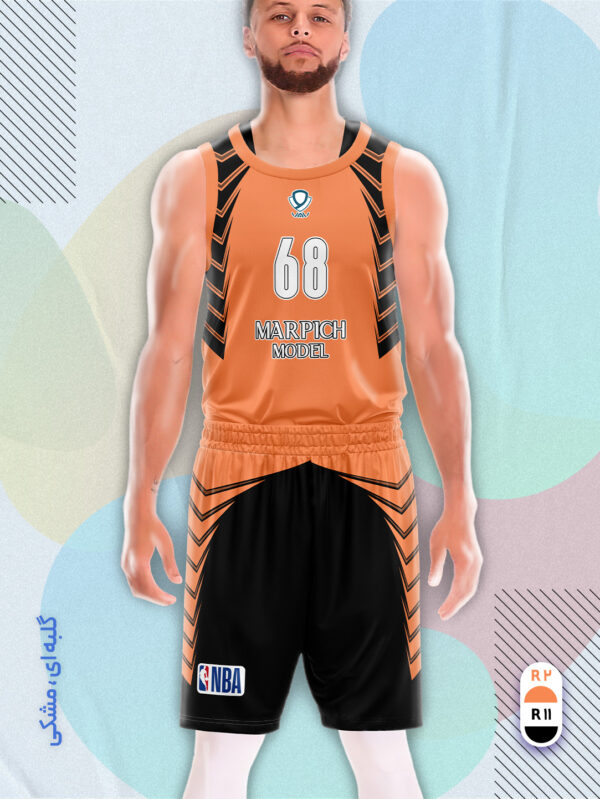 پیراهن و شورت ورزشی مدل مارپیچ بسکتبالی رنگ گلبه ای مشکی | تولید لباس ورزشی اختصاصی واو اسپرت