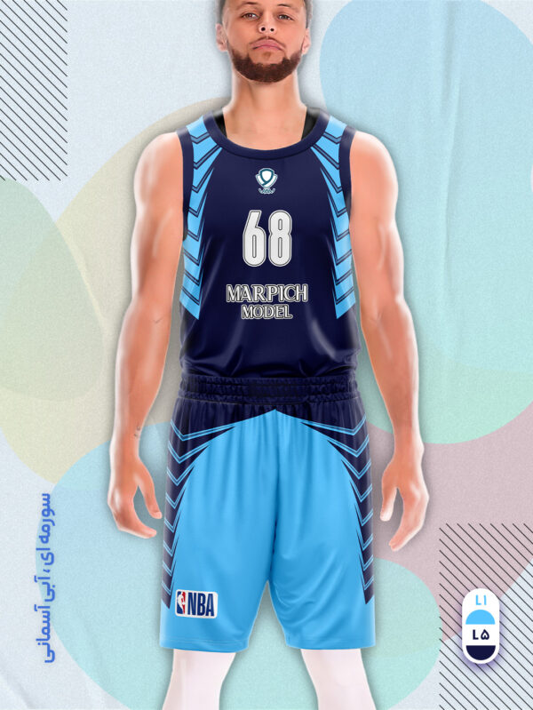 پیراهن و شورت ورزشی مدل مارپیچ بسکتبالی رنگ سورمه ای آبی آسمانی | تولید لباس ورزشی اختصاصی واو اسپرت