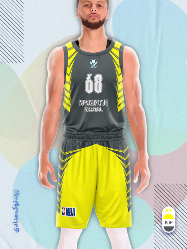 پیراهن و شورت ورزشی مدل مارپیچ بسکتبالی رنگ زرد نوک مدادی | تولید لباس ورزشی اختصاصی واو اسپرت