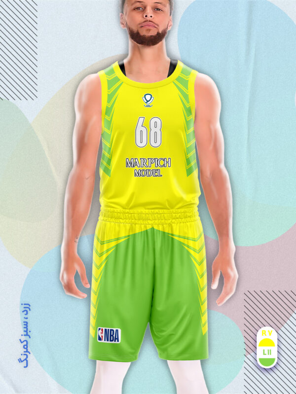 پیراهن و شورت ورزشی مدل مارپیچ بسکتبالی رنگ زرد سبزکمرنگ | تولید لباس ورزشی اختصاصی واو اسپرت