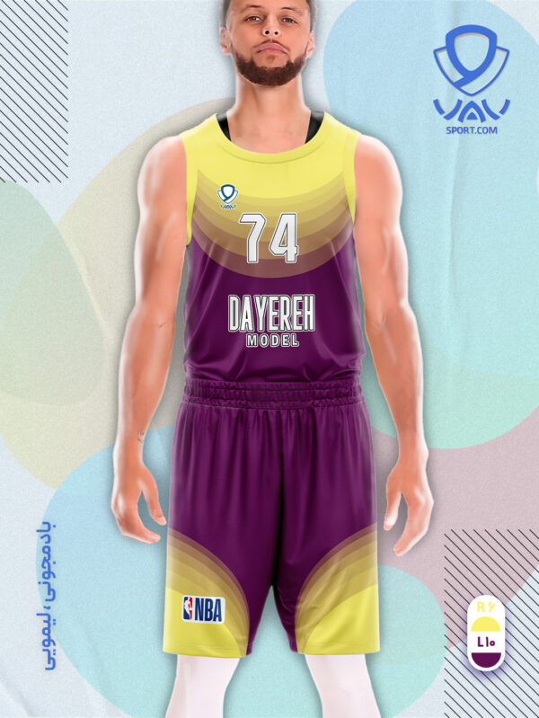 پیراهن و شورت ورزشی مدل دایره بسکتبالی رنگ بادمجونی لیمویی | تولید لباس ورزشی اختصاصی واو اسپرت