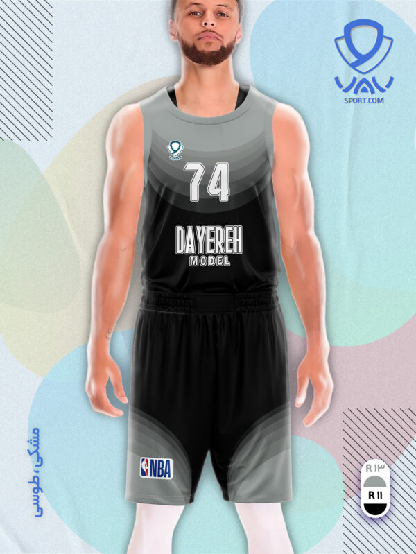 پیراهن و شورت ورزشی مدل دایره بسکتبالی رنگ مشکی طوسی | تولید لباس ورزشی اختصاصی واو اسپرت