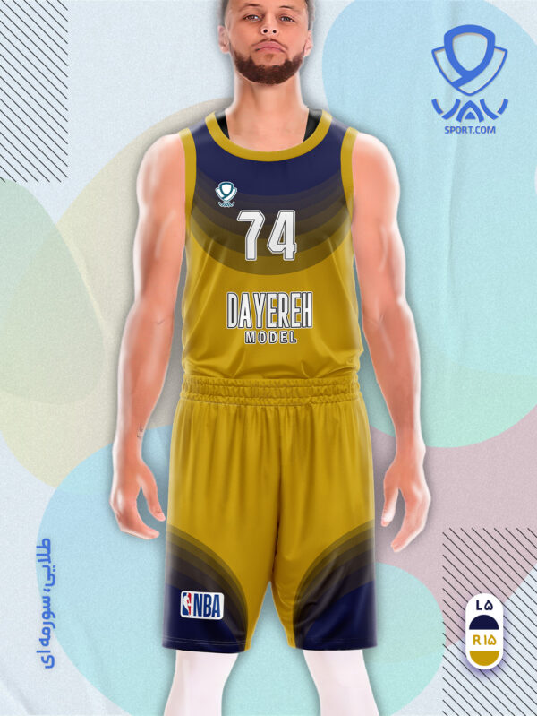 پیراهن و شورت ورزشی مدل دایره بسکتبالی رنگ طلایی سورمه ای | تولید لباس ورزشی اختصاصی واو اسپرت