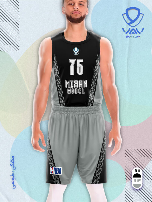 پیراهن و شورت ورزشی مدل میهن بسکتبالی رنگ مشکی طوسی | تولید لباس ورزشی اختصاصی واو اسپرت
