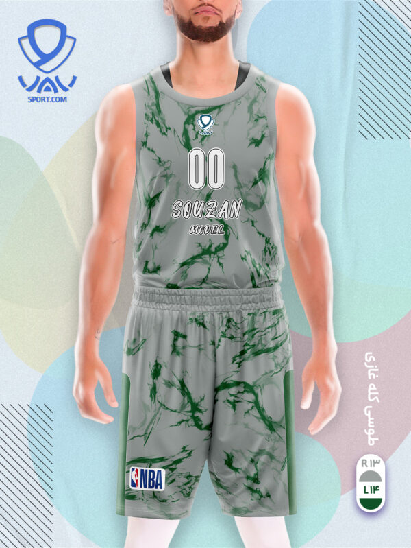 پیراهن و شورت ورزشی مدل سوزان بسکتبالی رنگ طوسی سبزکله غازی | تولید لباس ورزشی اختصاصی واو اسپرت