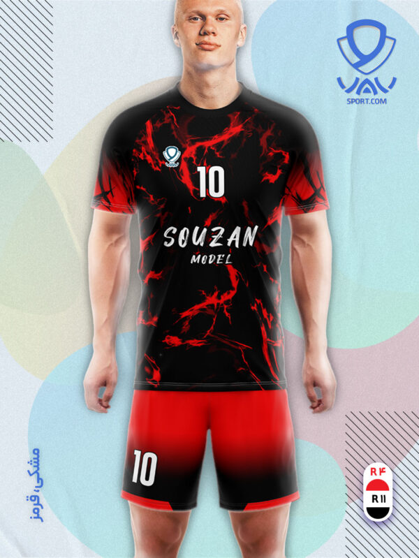 پیراهن و شورت ورزشی مدل سوزان آستین کوتاه رنگ مشکی قرمز | تولید لباس ورزشی اختصاصی واو اسپرت