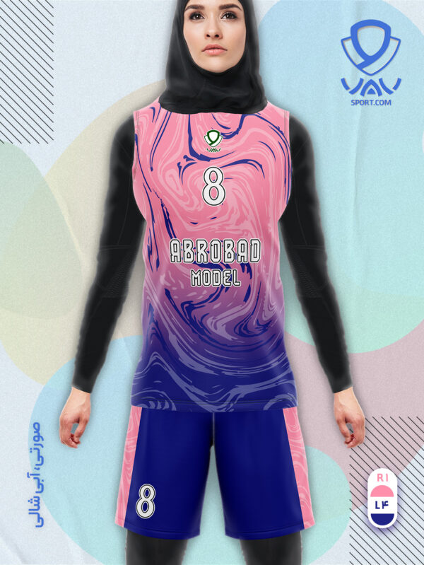 پیراهن و شورت ورزشی مدل ابروباد آستین حلقه رنگ صورتی آبی شالی | تولید لباس ورزشی اختصاصی واو اسپرت