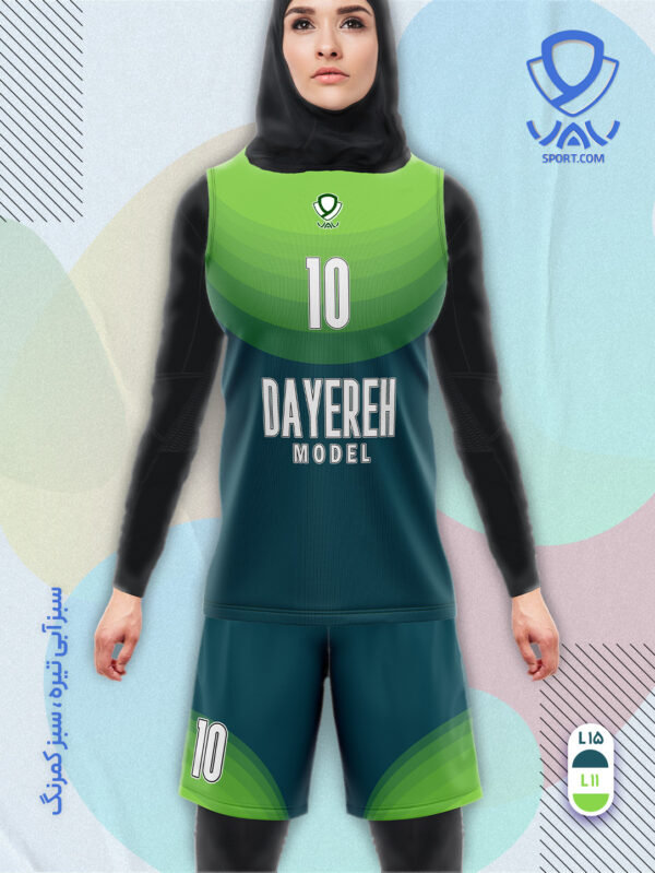 پیراهن و شورت ورزشی مدل دایره آستین حلقه رنگ سبزآبی تیره سبزکمرنگ | تولید لباس ورزشی اختصاصی واو اسپرت