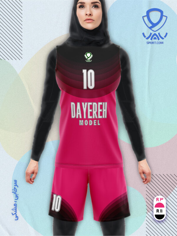 پیراهن و شورت ورزشی مدل دایره آستین حلقه رنگ سرخابی مشکی | تولید لباس ورزشی اختصاصی واو اسپرت