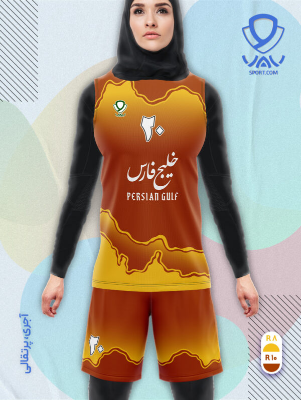 پیراهن و شورت ورزشی مدل خلیج فارس آستین حلقه رنگ آجری پرتقالی | تولید لباس ورزشی اختصاصی واو اسپرت