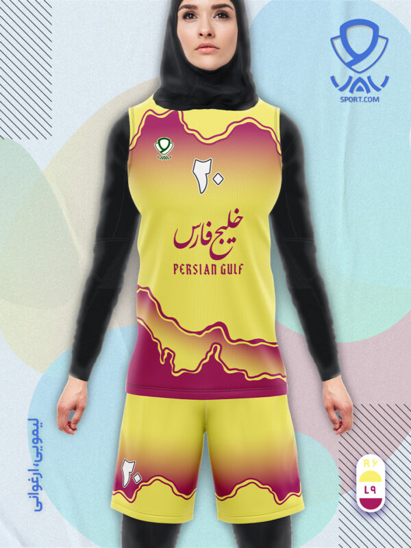 پیراهن و شورت ورزشی مدل خلیج فارس آستین حلقه رنگ لیمویی ارغوانی | تولید لباس ورزشی اختصاصی واو اسپرت