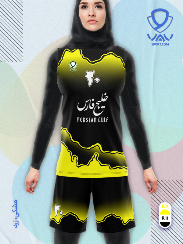 پیراهن و شورت ورزشی مدل خلیج فارس آستین حلقه رنگ مشکی زرد | تولید لباس ورزشی اختصاصی واو اسپرت