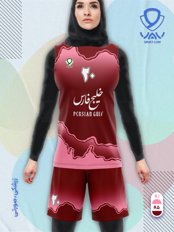 پیراهن و شورت ورزشی مدل خلیج فارس آستین حلقه رنگ زرشکی صورتی | تولید لباس ورزشی اختصاصی واو اسپرت