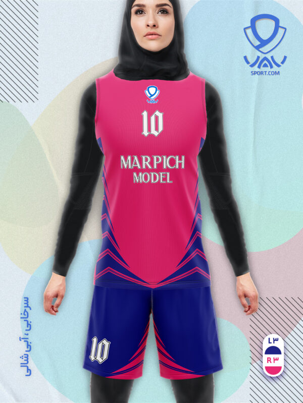 پیراهن و شورت ورزشی مدل مارپیچ آستین حلقه رنگ سرخابی آبی شالی | تولید لباس ورزشی اختصاصی واو اسپرت