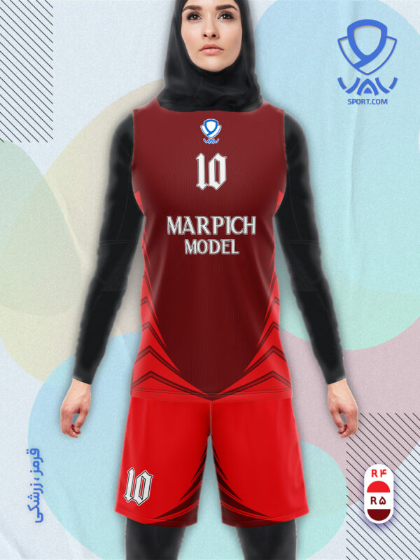پیراهن و شورت ورزشی مدل مارپیچ آستین حلقه رنگ قرمز زرشکی | تولید لباس ورزشی اختصاصی واو اسپرت