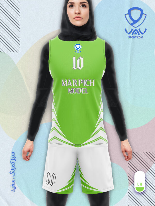 پیراهن و شورت ورزشی مدل مارپیچ آستین حلقه رنگ سبزکمرنگ سفید | تولید لباس ورزشی اختصاصی واو اسپرت