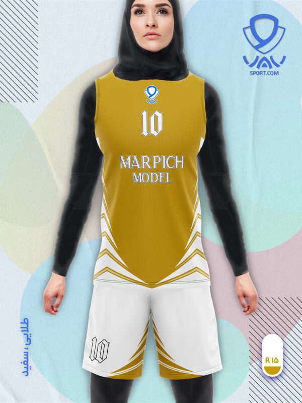 پیراهن و شورت ورزشی مدل مارپیچ آستین حلقه رنگ طلایی سفید | تولید لباس ورزشی اختصاصی واو اسپرت