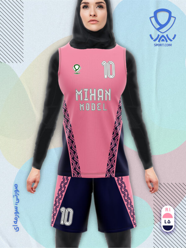 پیراهن و شورت ورزشی مدل میهن آستین حلقه رنگ صورتی سورمه ای | تولید لباس ورزشی اختصاصی واو اسپرت