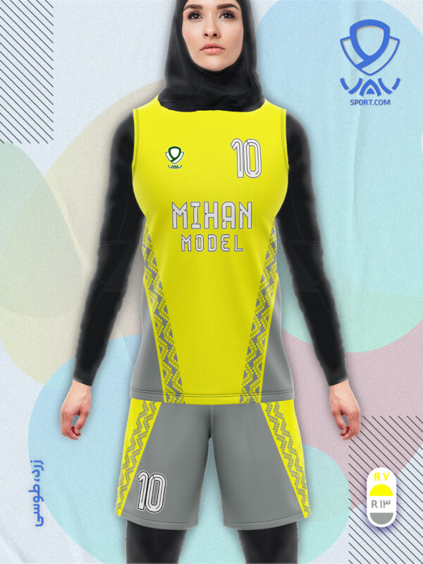 پیراهن و شورت ورزشی مدل میهن آستین حلقه رنگ زرد طوسی | تولید لباس ورزشی اختصاصی واو اسپرت