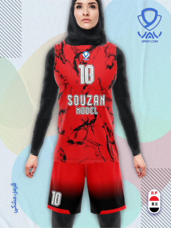 پیراهن و شورت ورزشی مدل سوزان آستین حلقه رنگ قرمز مشکی | تولید لباس ورزشی اختصاصی واو اسپرت