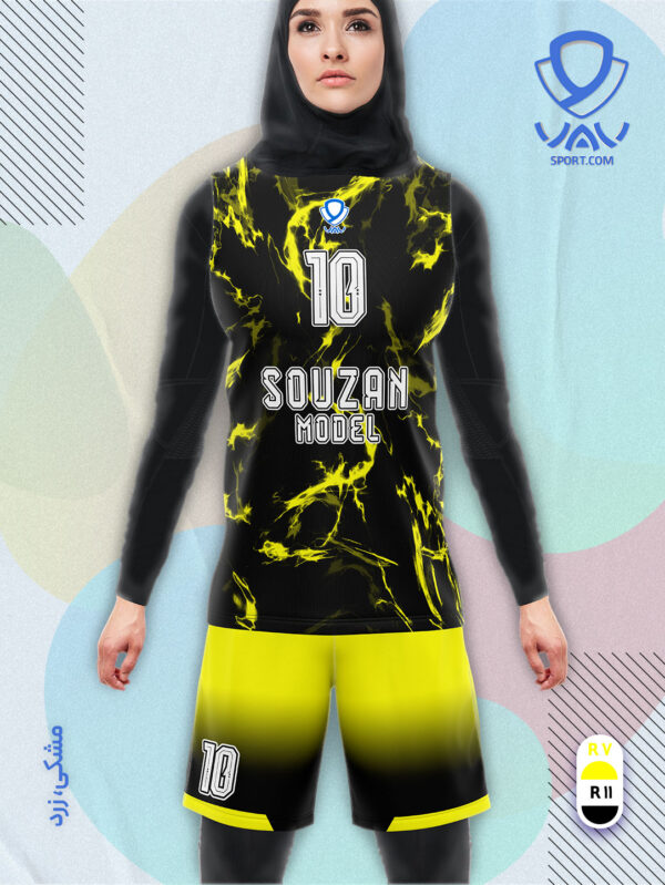 پیراهن و شورت ورزشی مدل سوزان آستین حلقه رنگ مشکی زرد | تولید لباس ورزشی اختصاصی واو اسپرت