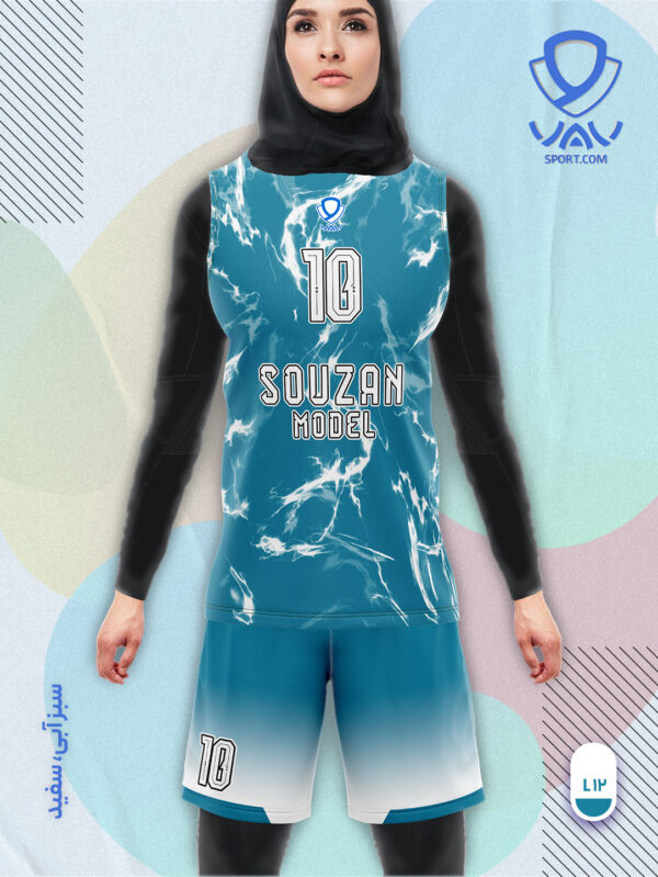 پیراهن و شورت ورزشی مدل سوزان آستین حلقه رنگ سبزآبی سفید | تولید لباس ورزشی اختصاصی واو اسپرت