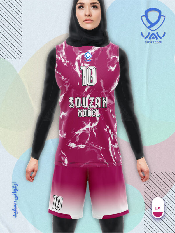 پیراهن و شورت ورزشی مدل سوزان آستین حلقه رنگ ارغوانی سفید | تولید لباس ورزشی اختصاصی واو اسپرت